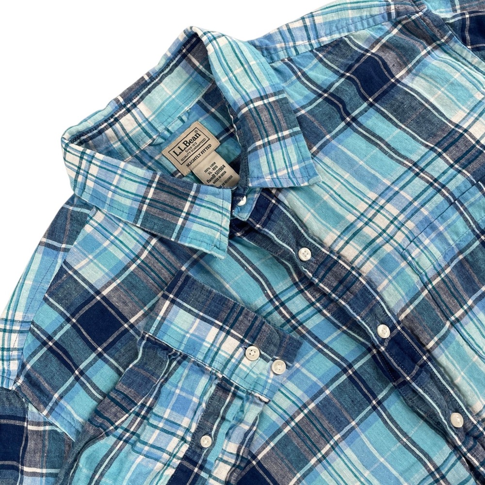 L.L. Bean Shirt Mens XL Blue Plaid Long Sleeve Linen Slightly Fitted Button Down